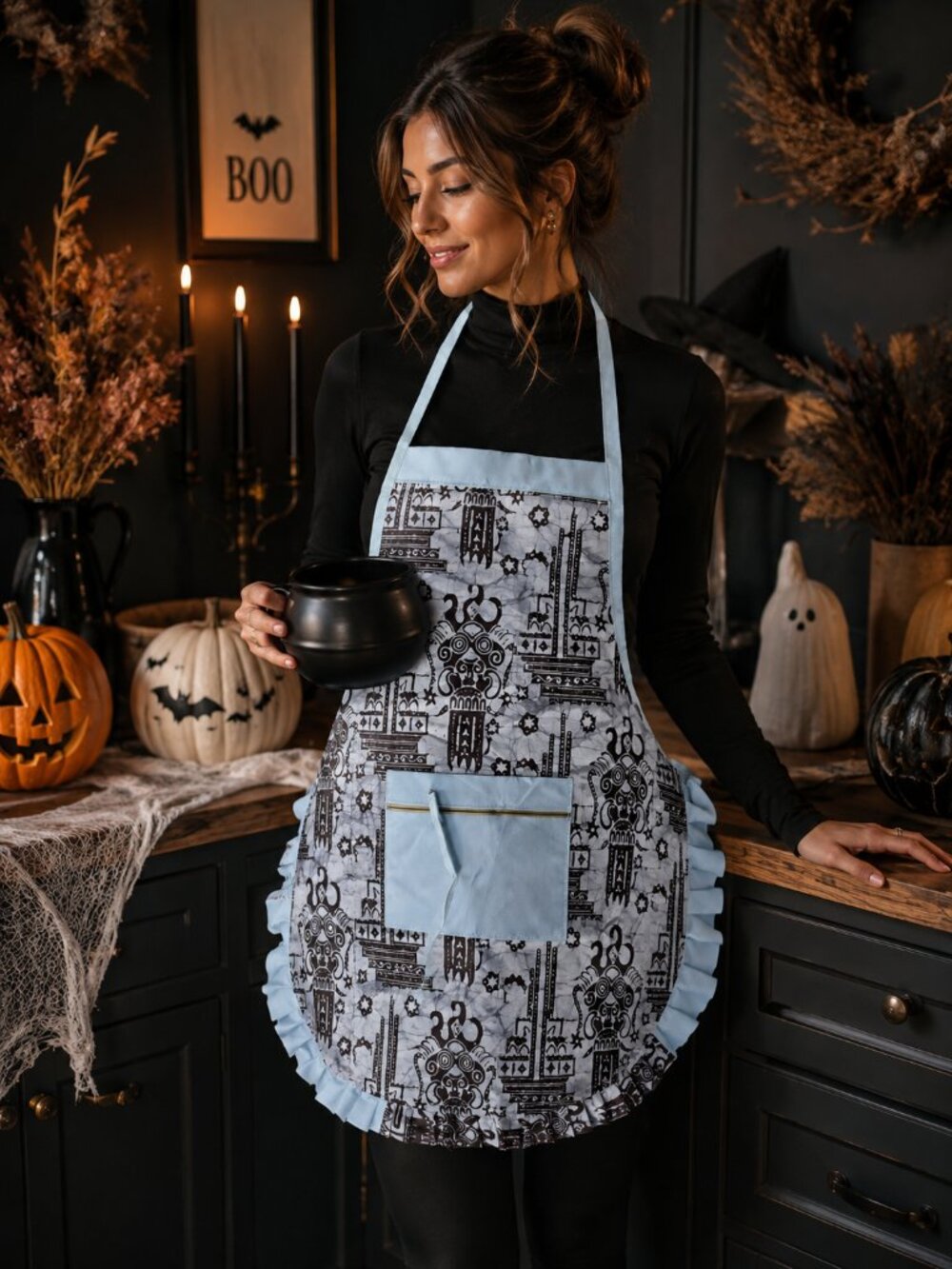 Handmade Vintage Ruffled Apron Blue Fully Lined One-Of-A-Kind